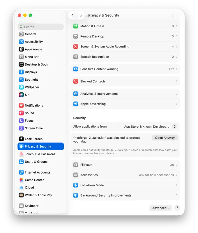 macOS Privacy and Security settings showing the Open Anyway button for the NeoForge installer