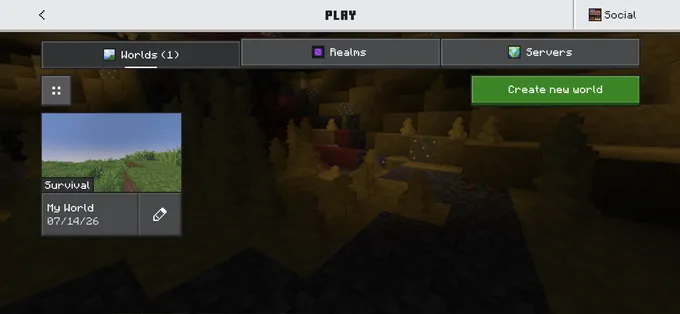 Minecraft Play screen with the Create new world button