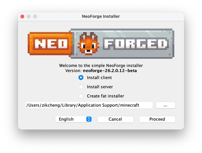 NeoForge installer window with the Install client option selected