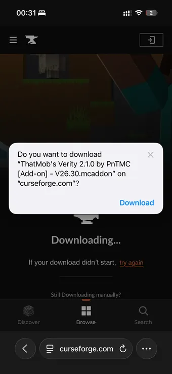 iOS Safari prompt asking to download ThatMob's Verity 2.1.0 .mcaddon from curseforge.com